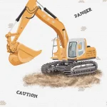 Dessin Navvy plat, een gele graafmachine met de woorden danger en caution op wit