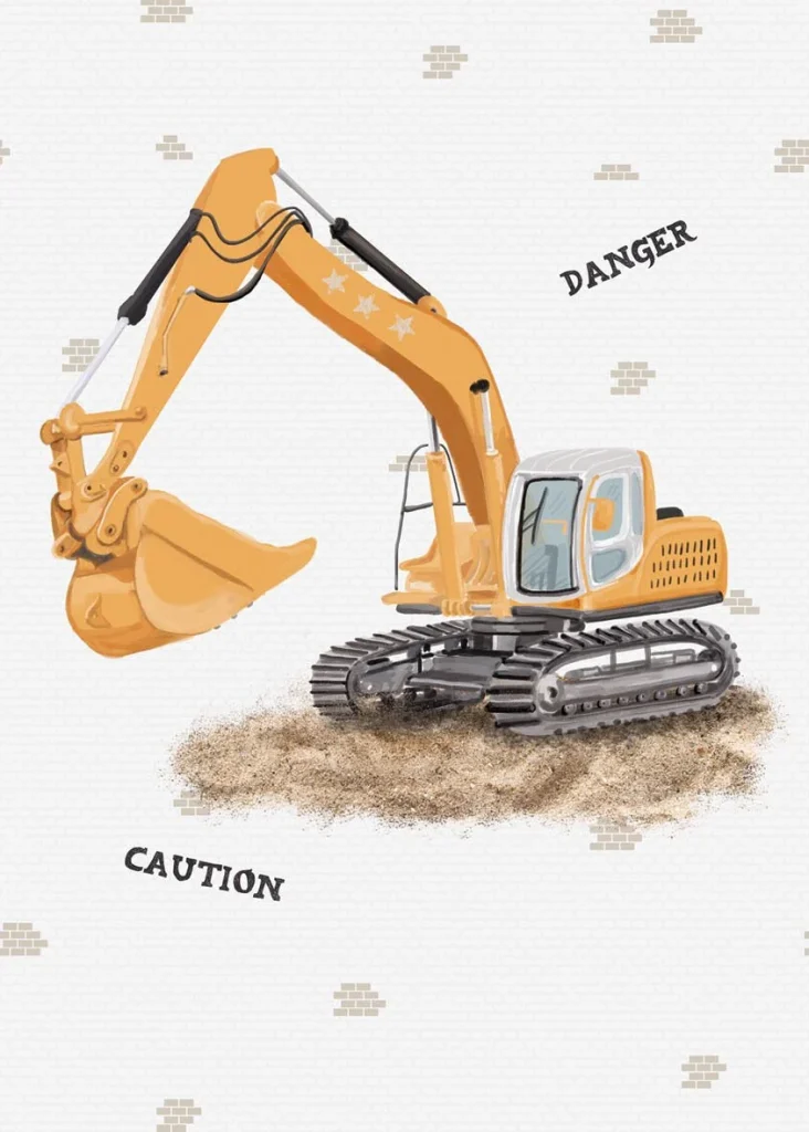 Dessin Navvy plat, een gele graafmachine met de woorden danger en caution op wit