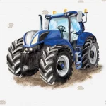 Dessin Tractor Life plat, een grote blauwe tractor op een witte ondergrond