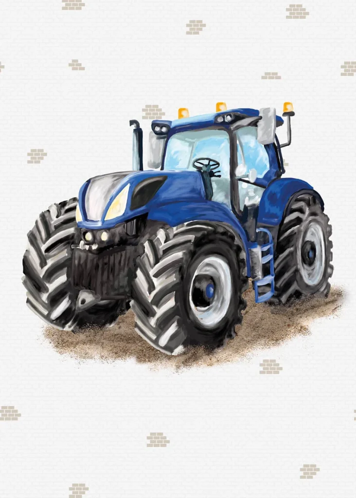 Dessin Tractor Life plat, een grote blauwe tractor op een witte ondergrond