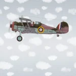 Dessin Plane Big plat, een getekend propellervliegtuig tussen witte wolken