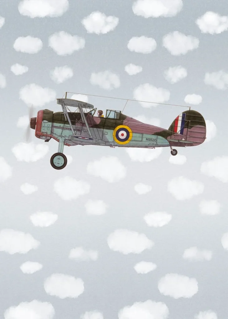 Dessin Plane Big plat, een getekend propellervliegtuig tussen witte wolken