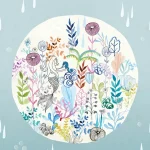 Ocean View design shown flat, a circle full of sea creatures and seaweed on pale blue with raindrops