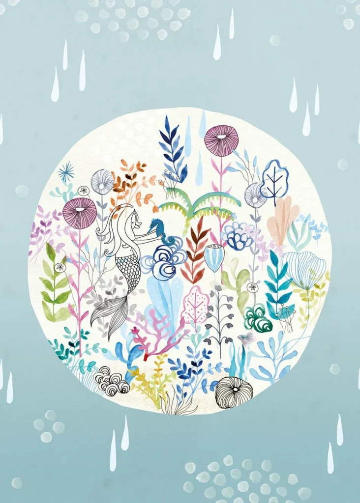 Ocean View design shown flat, a circle full of sea creatures and seaweed on pale blue with raindrops