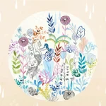 Ocean View design shown flat, a circle full of sea creatures on sand beige with raindrops