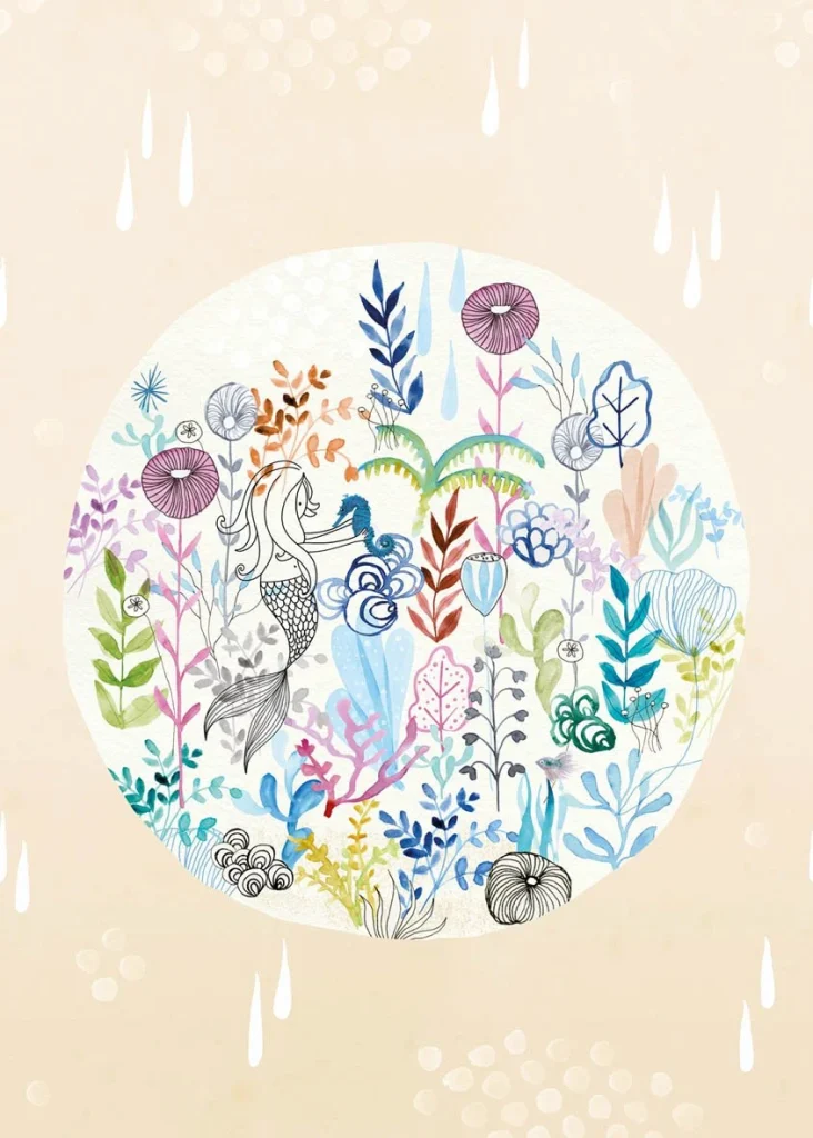 Ocean View design shown flat, a circle full of sea creatures on sand beige with raindrops