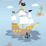 Dessin Pirates plat, een piratenschip met wapperende vlaggen op lichtblauw