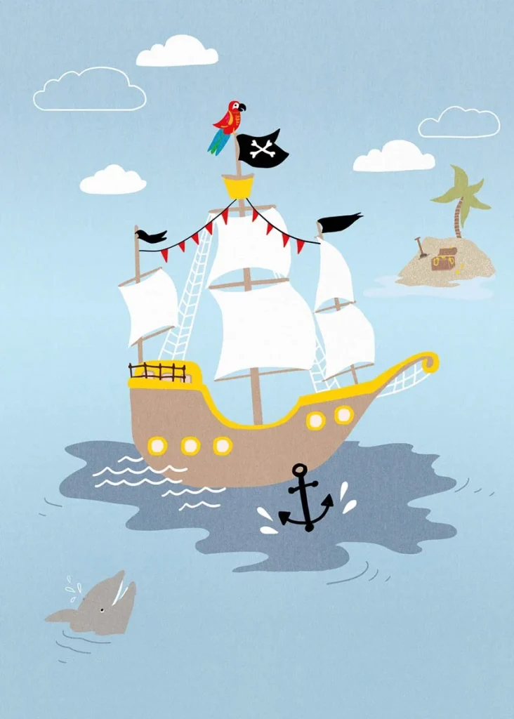 Dessin Pirates plat, een piratenschip met wapperende vlaggen op lichtblauw
