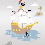 Pirates design shown flat, a pirate ship with fluttering flags on grey