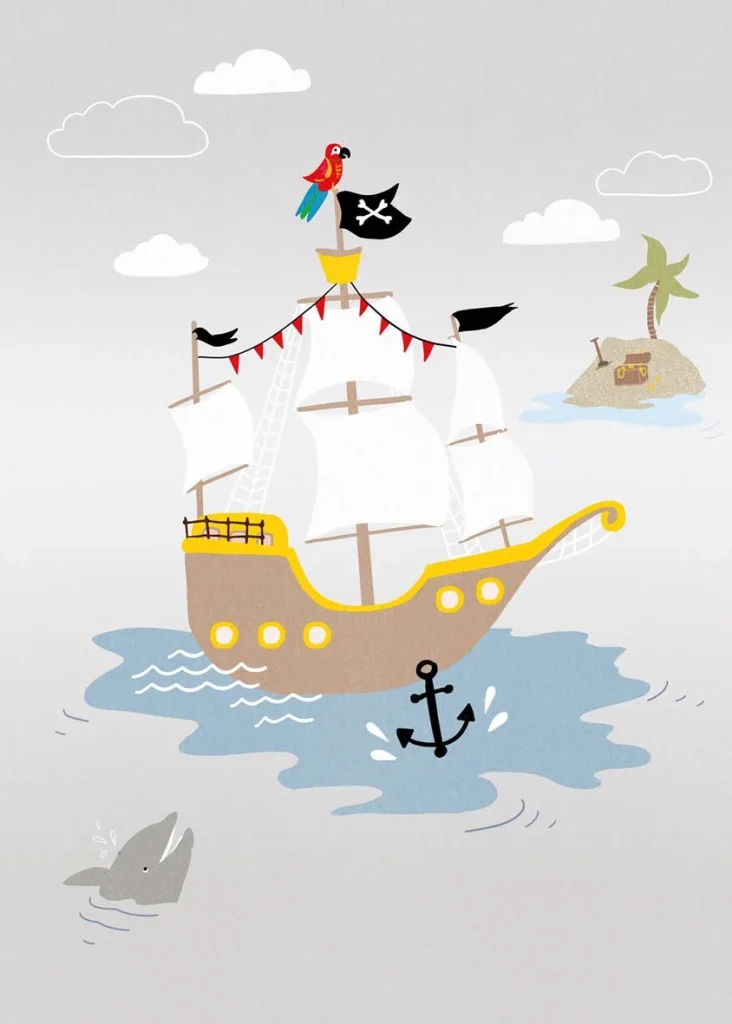 Pirates design shown flat, a pirate ship with fluttering flags on grey