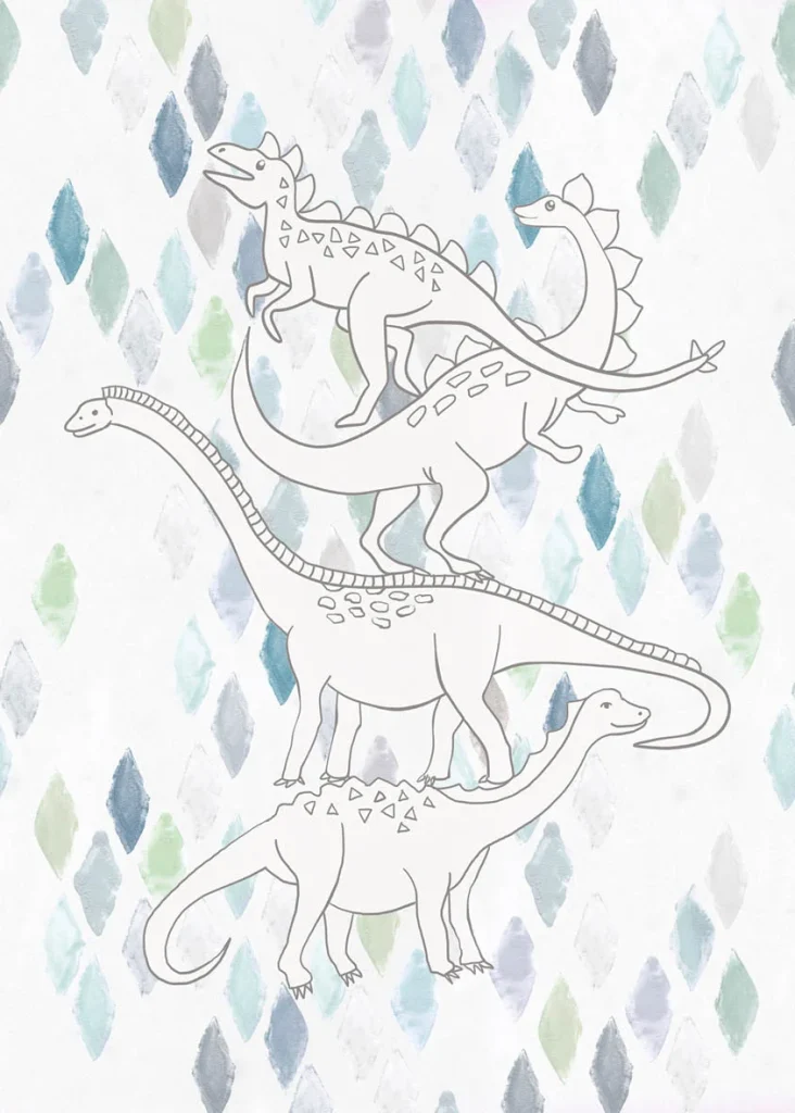 Dino Wall design shown flat, drawn dinosaurs among pastel watercolour diamonds