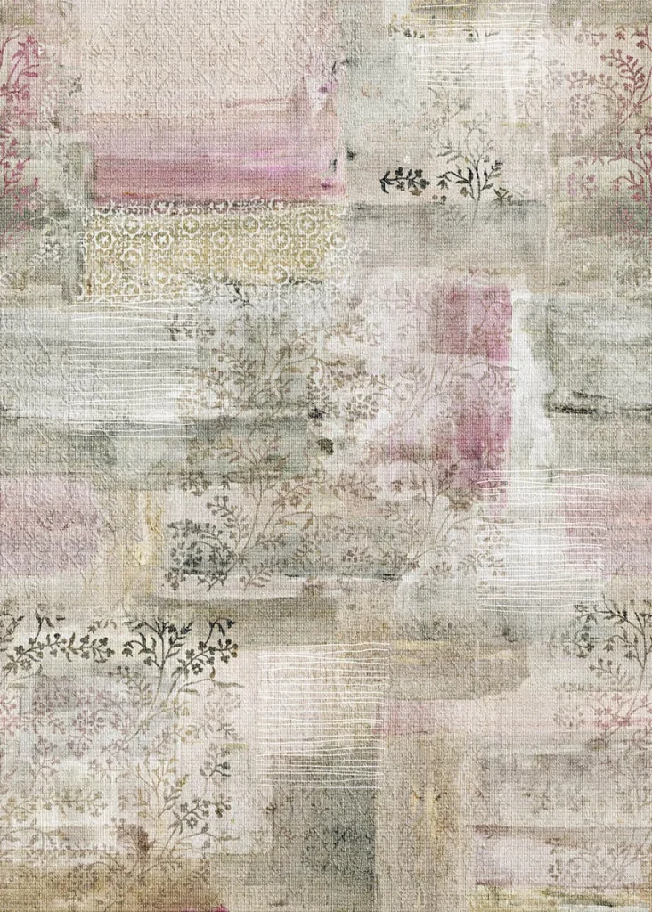 Le Marais design shown flat, weathered plaster panels with pink and olive accents