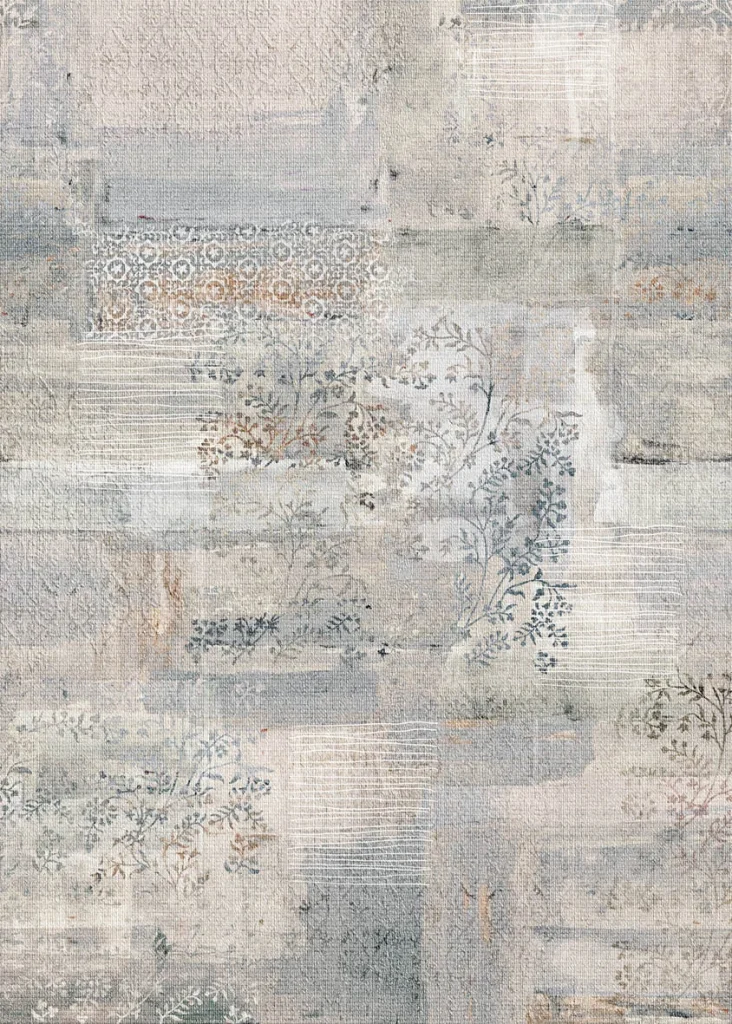 Le Marais design shown flat, weathered plaster panels in grey blue and beige
