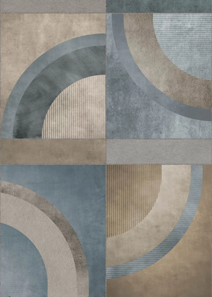 Dessin Kerberos plat, kwartcirkels in blauwgrijs, beige en zeegroen op betonlook