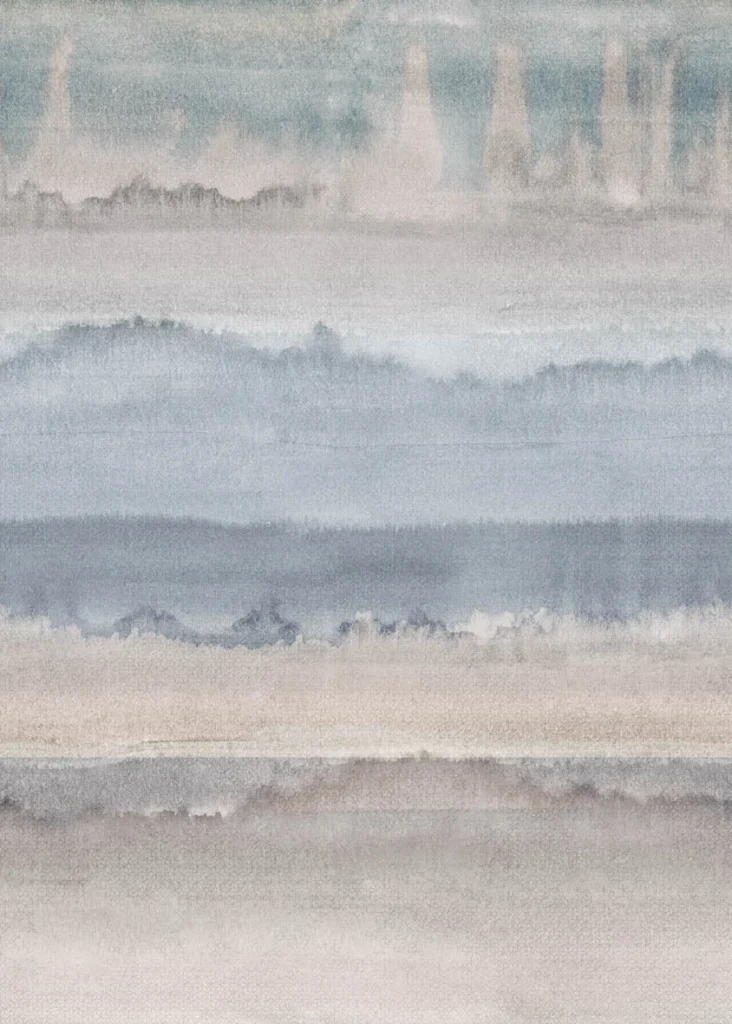 Motif Dover à plat, bandes aquarelle bleu gris et beige, tel un horizon brumeux