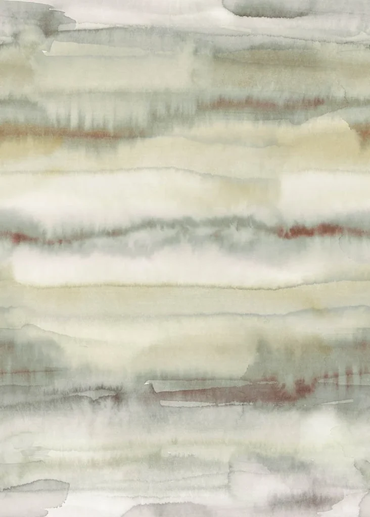 Muster Guerande flach, Aquarellbahnen in Olivgrün, Creme und Rotbraun
