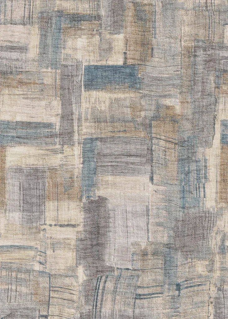 Das Muster flach dargestellt: ein gewebtes Patchworkmuster in Beige und Blau