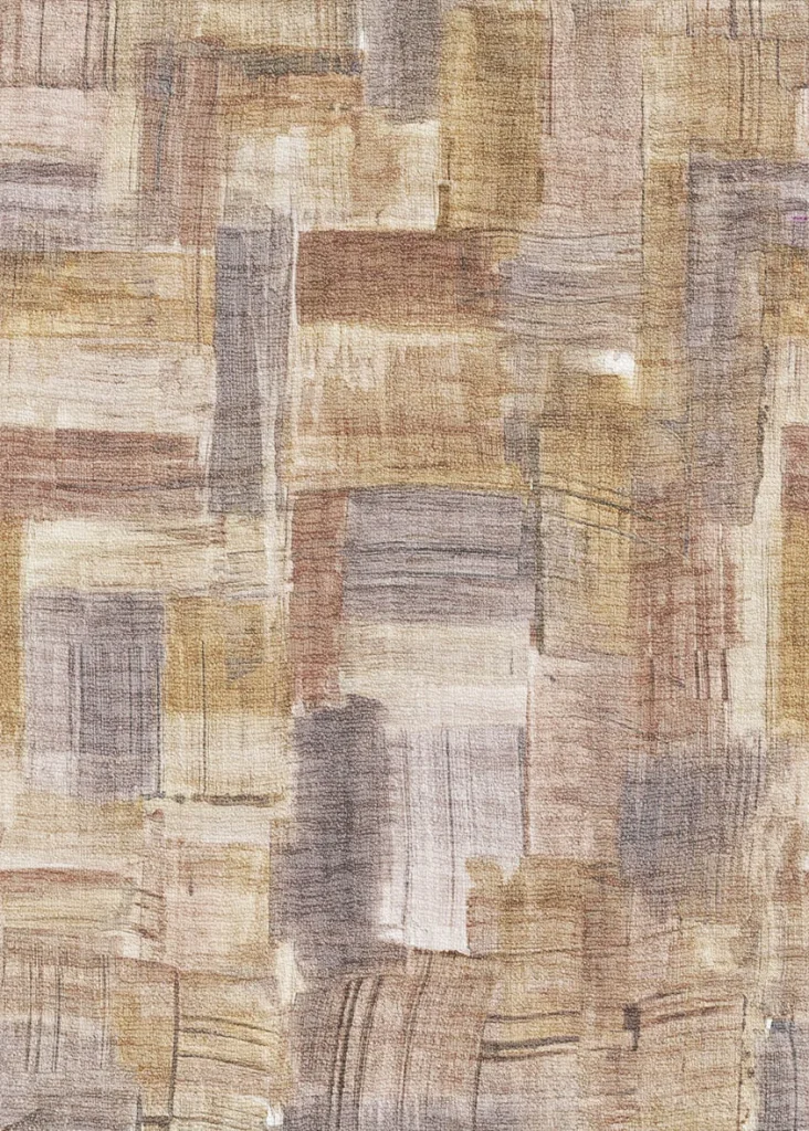 Das Muster flach dargestellt: ein gewebtes Patchworkmuster in Beige, Ocker und Grau