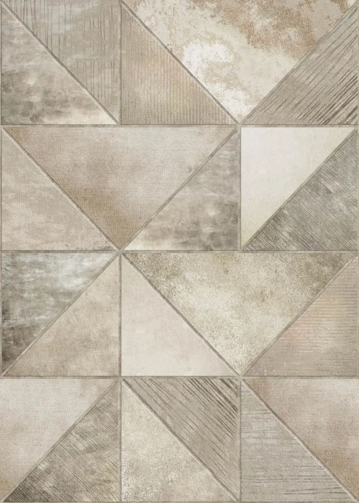 Muster Esbjerg flach, Dreiecke in sanftem Beige und Grau im Windmühlenmuster