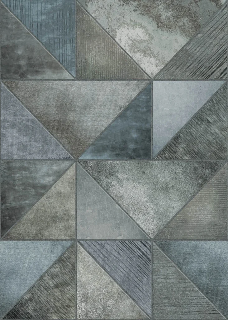 Esbjerg design shown flat, triangles in blue grey and steel in a pinwheel pattern