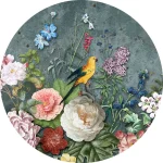 Abundance Dark wall circle with a bouquet of roses and a yellow bird on dark blue