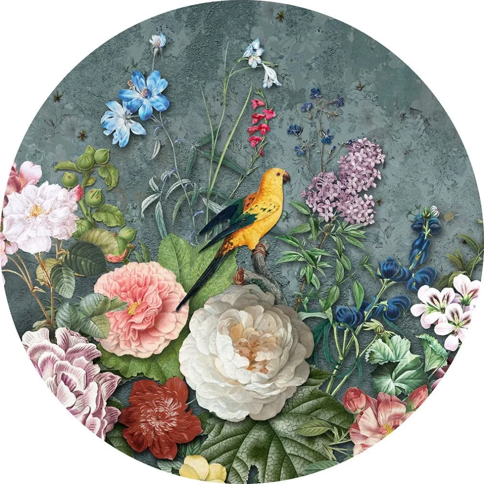 Abundance Dark wall circle with a bouquet of roses and a yellow bird on dark blue