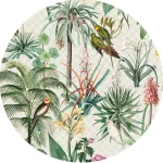 Muurcirkel Tropical Morning met palmen en vogels in een lichtgroen landschap