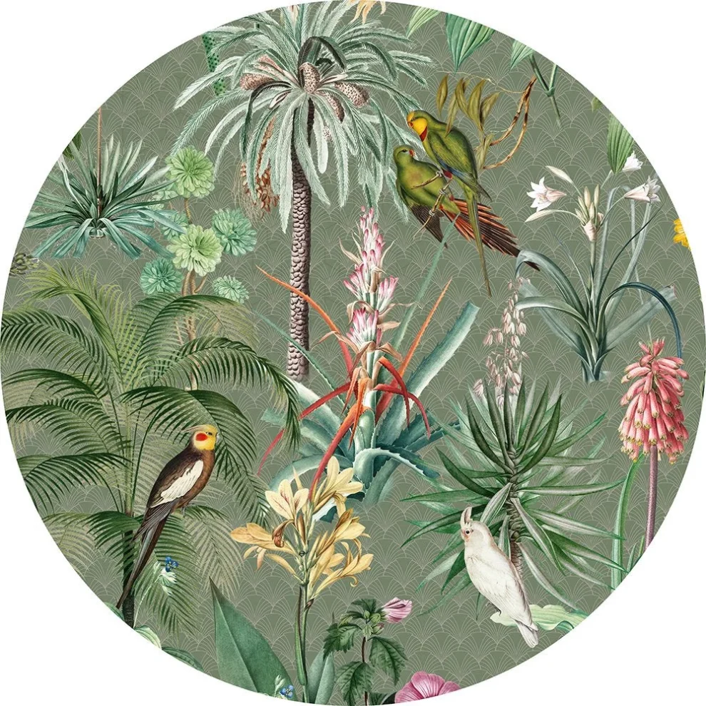 Tropical Winter wall circle with palms and birds on sage green