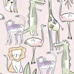 Dessin Simple Jungle Pink plat, getekende leeuwen, giraffen en krokodillen op zachtroze