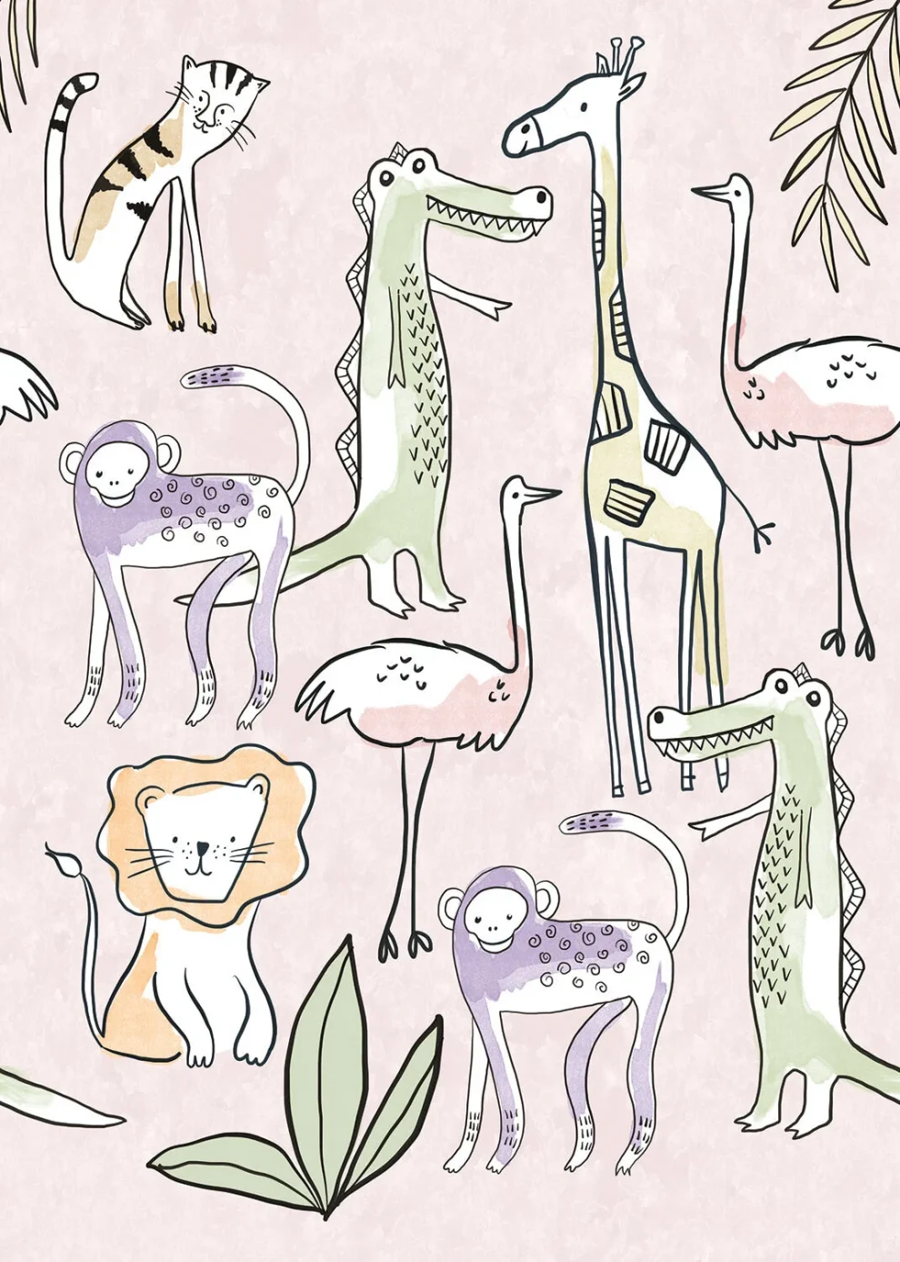 Dessin Simple Jungle Pink plat, getekende leeuwen, giraffen en krokodillen op zachtroze
