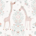 Dessin Giraffe's Eden plat, twee roze giraffen tussen bloemornamenten op crème