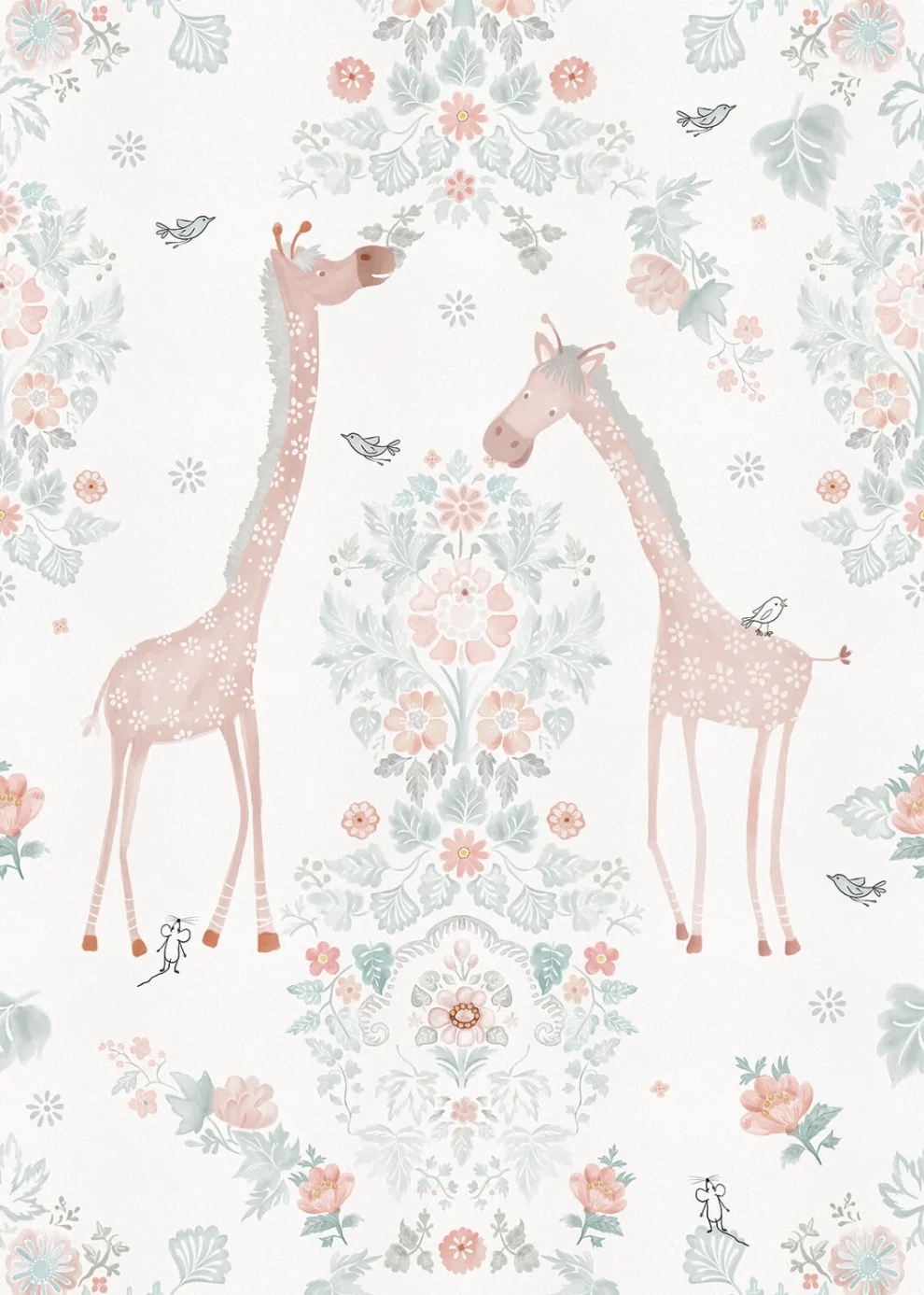 Dessin Giraffe's Eden plat, twee roze giraffen tussen bloemornamenten op crème