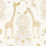 Dessin Giraffe's Eden plat, twee okergele giraffen tussen bloemornamenten op crème