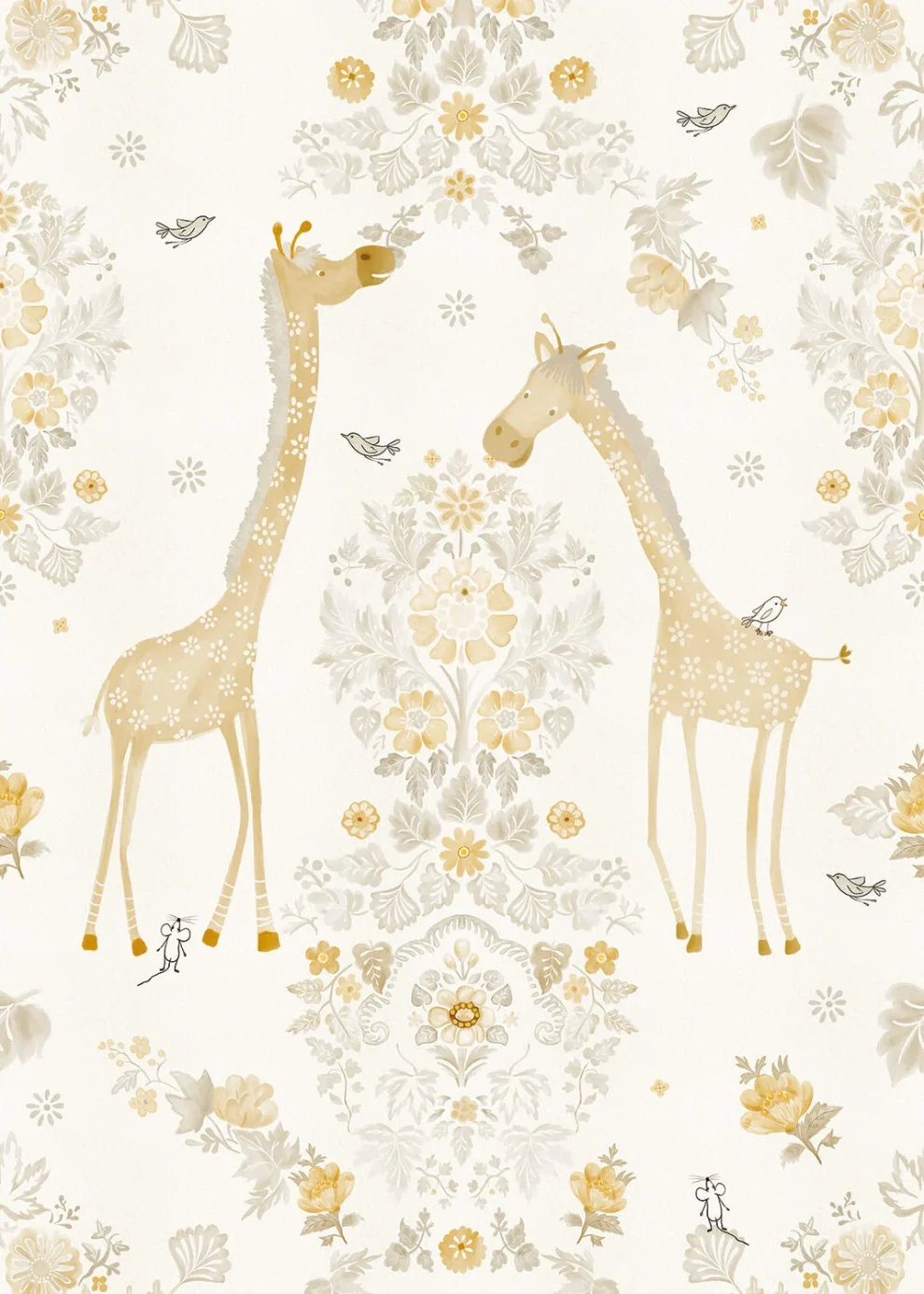 Dessin Giraffe's Eden plat, twee okergele giraffen tussen bloemornamenten op crème