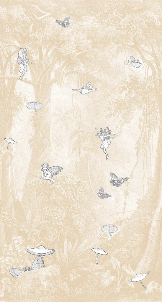 Dessin Fairytale Forest plat, een getekend sprookjesbos met feeën op zandkleur
