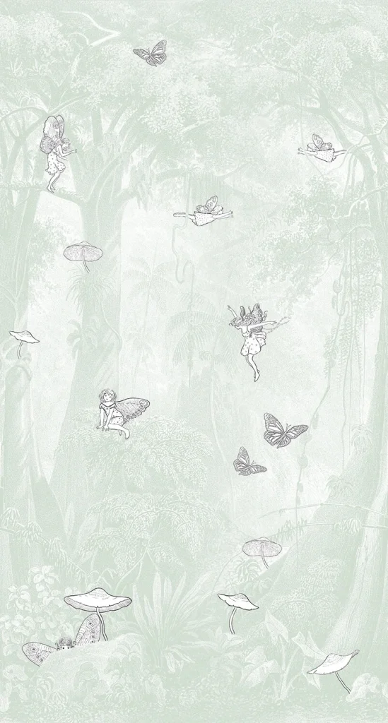 Dessin Fairytale Forest Mint plat, een getekend sprookjesbos met feeën op mintgroen