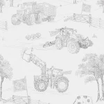 Dessin Farmlife Toile plat, getekende tractoren, schuren en dieren in grijs op wit