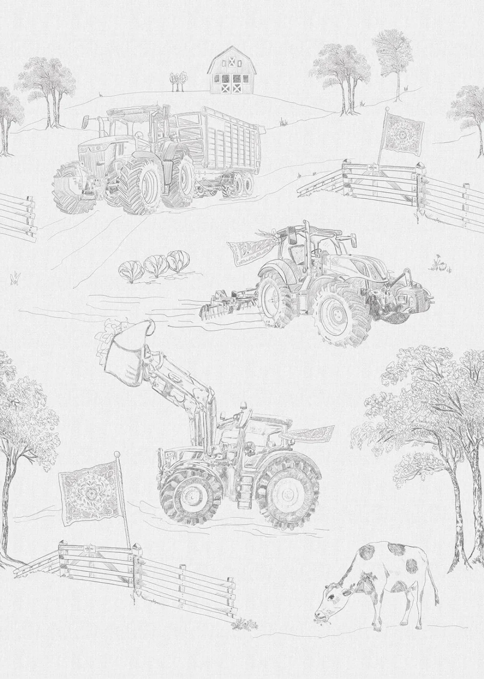 Dessin Farmlife Toile plat, getekende tractoren, schuren en dieren in grijs op wit