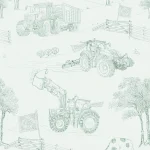 Farmlife Toile design shown flat, drawn tractors and farm animals in mint green