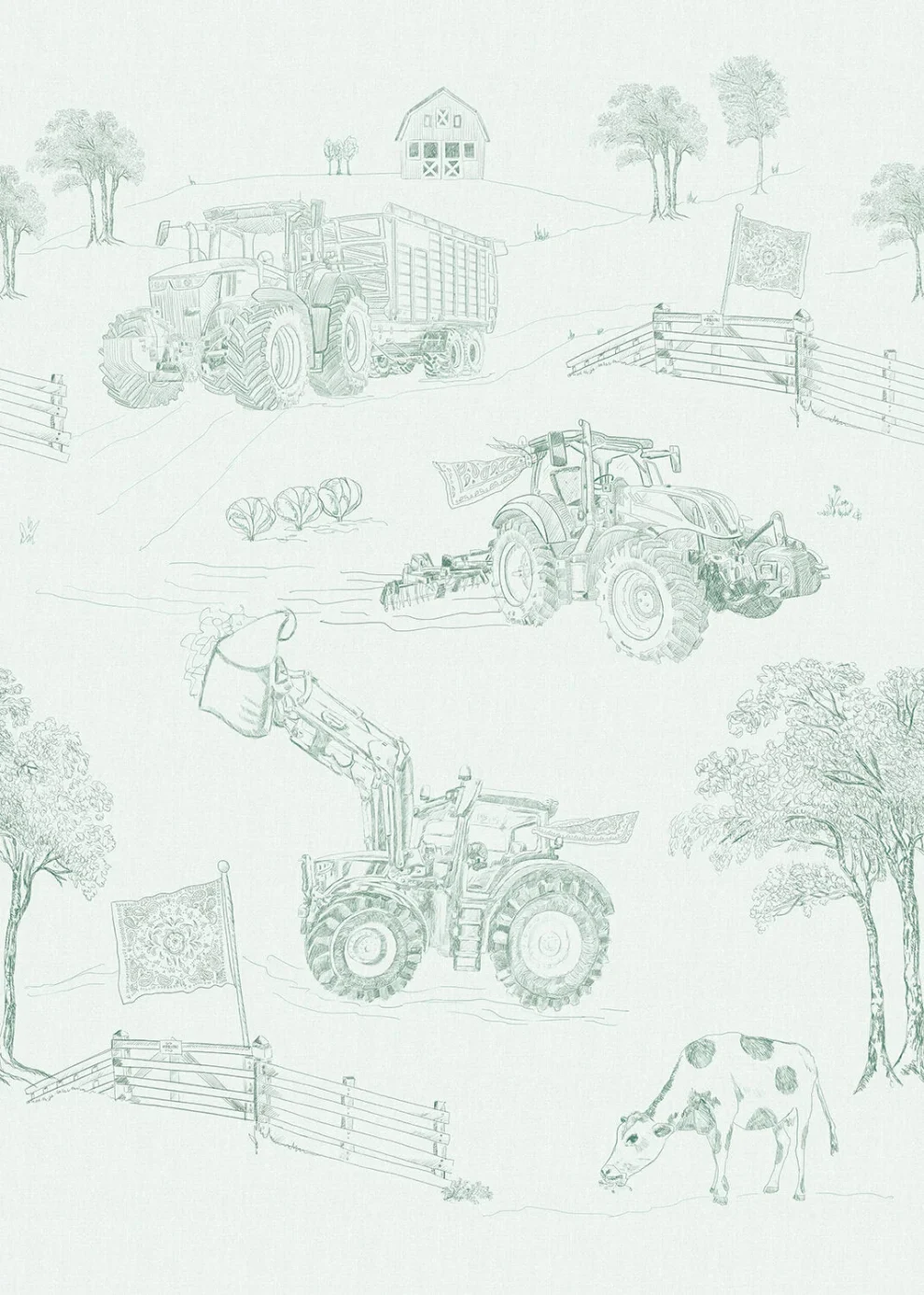Farmlife Toile design shown flat, drawn tractors and farm animals in mint green