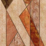 Het dessin plat weergegeven: grote driehoeken in terracotta, crème en donkerbruin