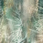 Het dessin plat weergegeven: varens en gras in zeegroen en goud op een verweerde wand