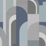 Het dessin plat weergegeven: art-decobogen en trappen in blauw, grijs en wit