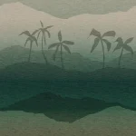 Het dessin plat weergegeven: palmsilhouetten op gelaagde bergen in groentinten