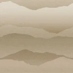 Het dessin plat weergegeven: gelaagde bergsilhouetten in zand en beige