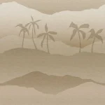 Het dessin plat weergegeven: palmsilhouetten op gelaagde bergen in zand en beige
