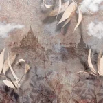 Het dessin plat weergegeven: tempeltorens, wolken en bladeren in roze en grijs