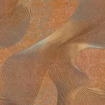 Het dessin plat weergegeven: golvende lijnenvelden in terracotta, oker en goud