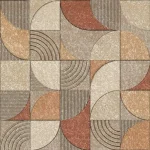 Het dessin plat weergegeven: kwarttegels en boogvormen in terracotta, zand en grijs