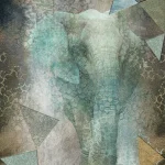 Het dessin plat weergegeven: een olifant tussen grafische driehoeken in zeegroen